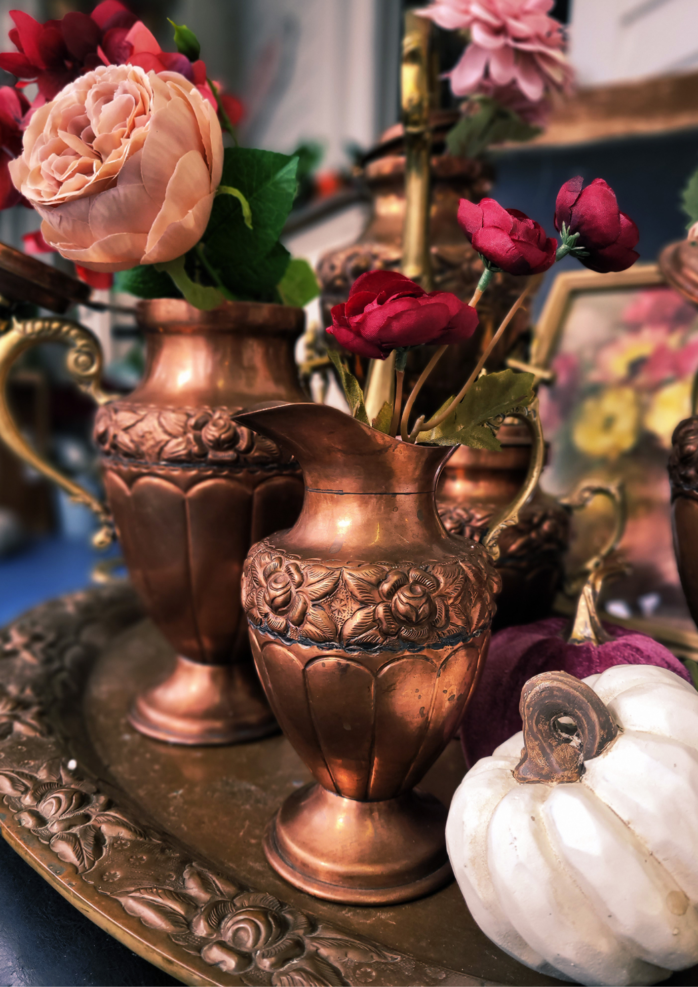 Mexican Six Piece Copper and Brass Tea and Coffee Set.