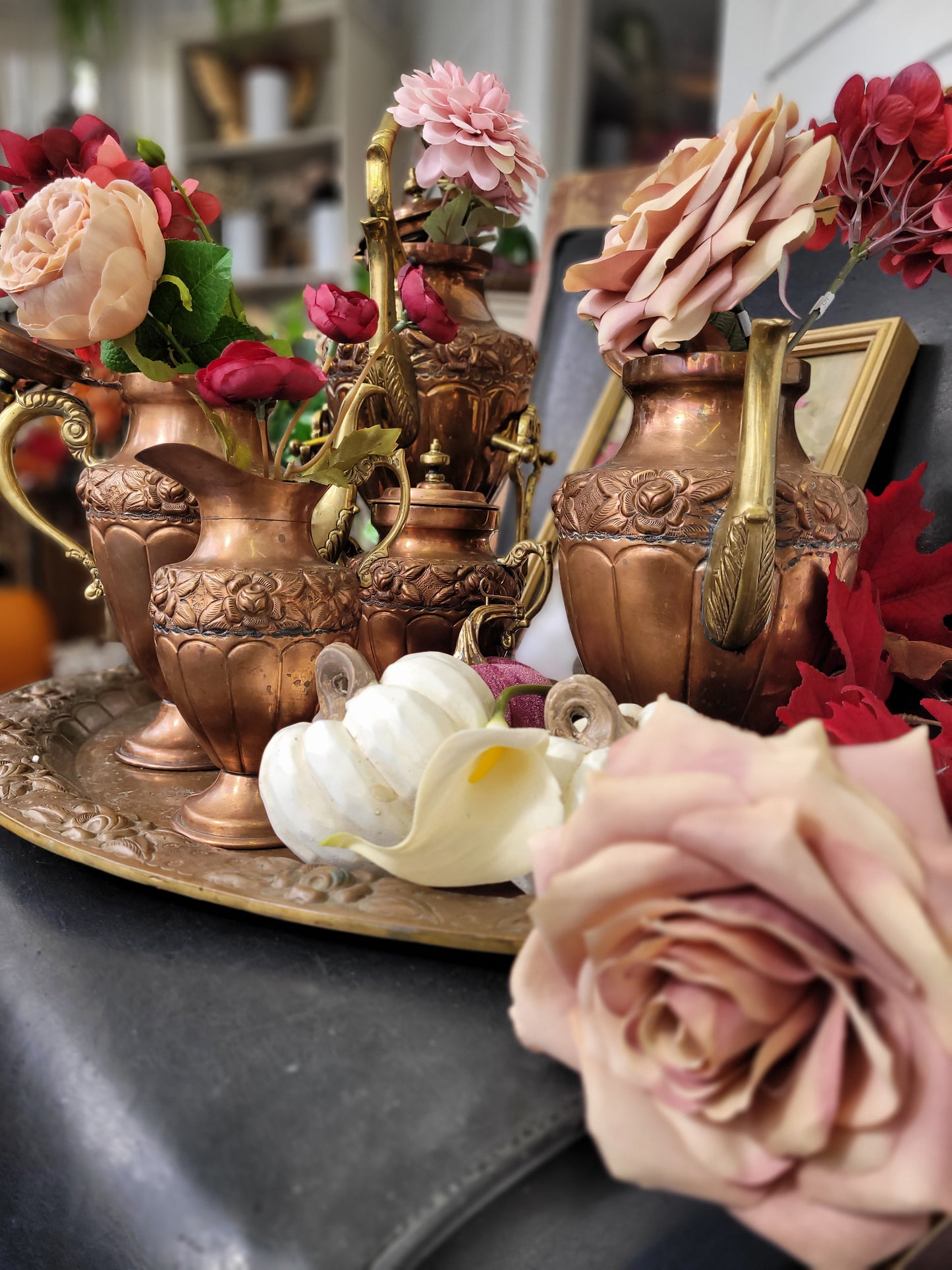 Mexican Six Piece Copper and Brass Tea and Coffee Set.